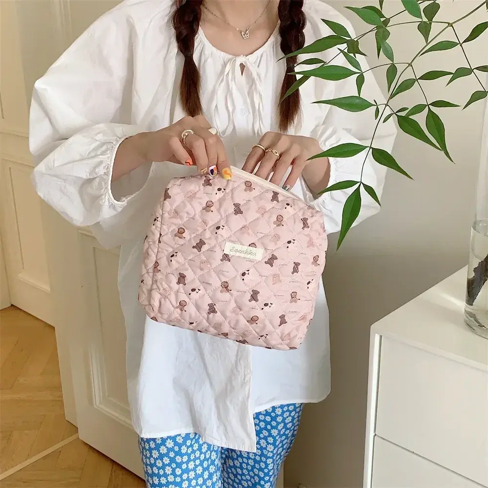 Large Portable Cute Pink Women's Cosmetic Bag Clutch Purse Travel Storage Organizer Makeup Case Wash Bag Cotton Handbags