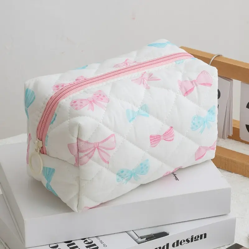 New Bow Print Women Cosmetic Bag Cute Zipper Travel Makeup Pouch Cotton Beauty Storage Organizer