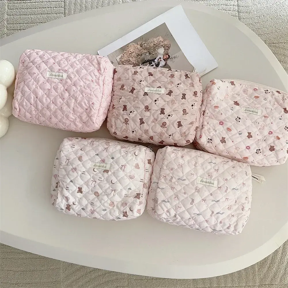 Large Portable Cute Pink Women's Cosmetic Bag Clutch Purse Travel Storage Organizer Makeup Case Wash Bag Cotton Handbags