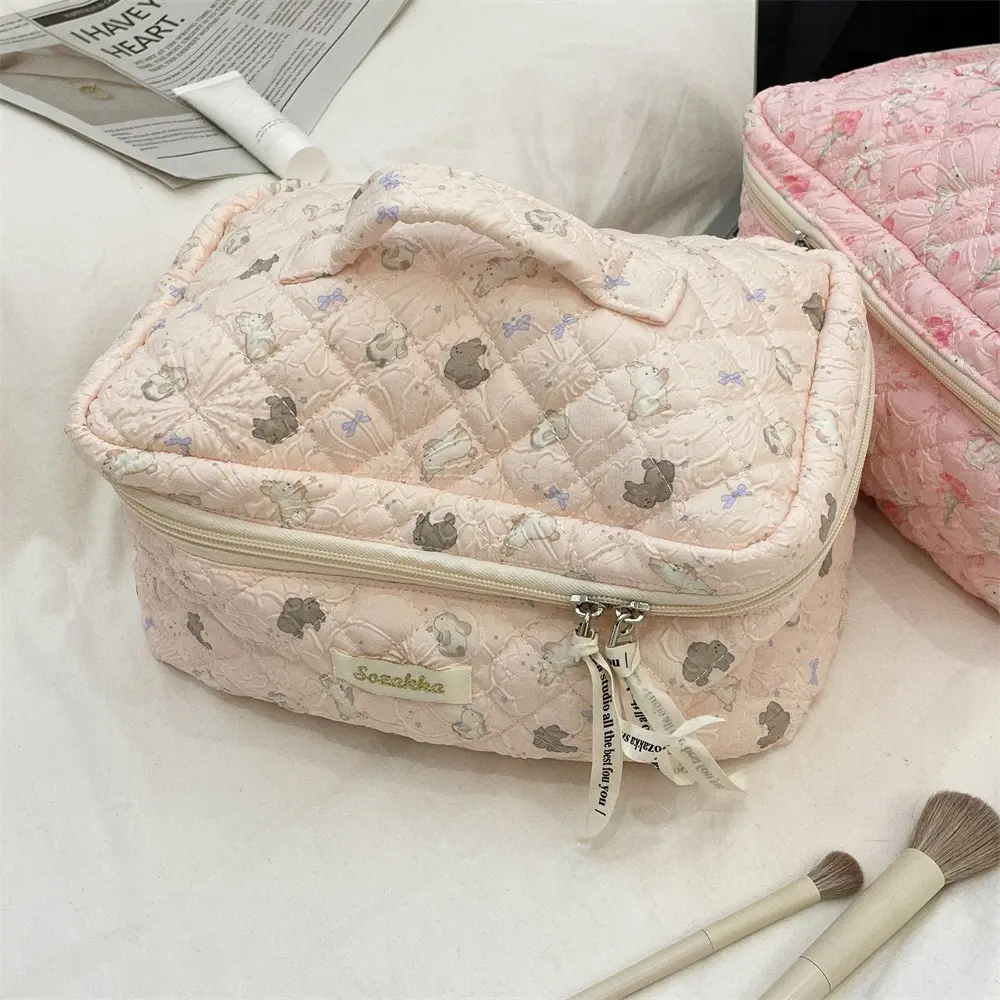 New Cartoon Ladies Travel Storage Bag Retro Floral Women's Cosmetic Bags Cute Girls Make Up Case Makeup Bag Handbags