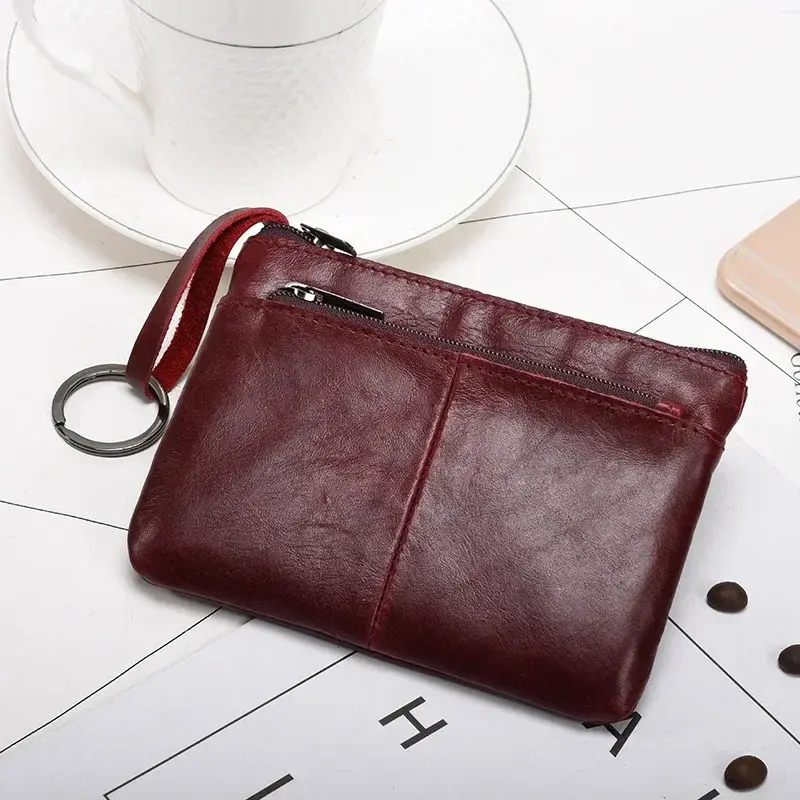 Vintage Genuine Leather Coin Purse Key Holder Zipper Clutch Wallet Men Women