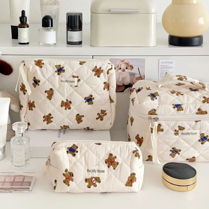 Korean Cotton Cloth Makeup Bag Women Zipper Cosmetic Organizer Cute Small Bear Handbag Portable Toiletry Case for Girls