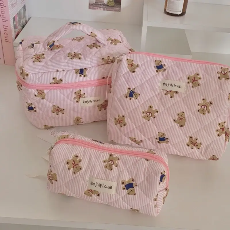 Korean Cotton Cloth Makeup Bag Women Zipper Cosmetic Organizer Cute Small Bear Handbag Portable Toiletry Case for Girls