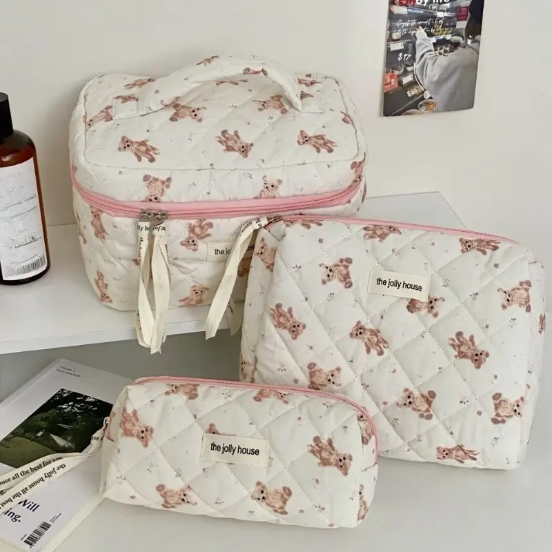 Korean Cotton Cloth Makeup Bag Women Zipper Cosmetic Organizer Cute Small Bear Handbag Portable Toiletry Case for Girls