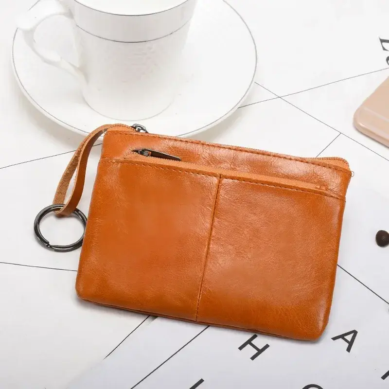 Vintage Genuine Leather Coin Purse Key Holder Zipper Clutch Wallet Men Women
