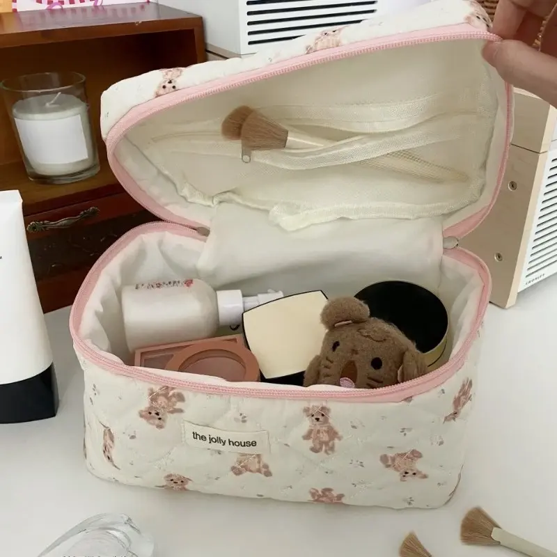 Korean Cotton Cloth Makeup Bag Women Zipper Cosmetic Organizer Cute Small Bear Handbag Portable Toiletry Case for Girls