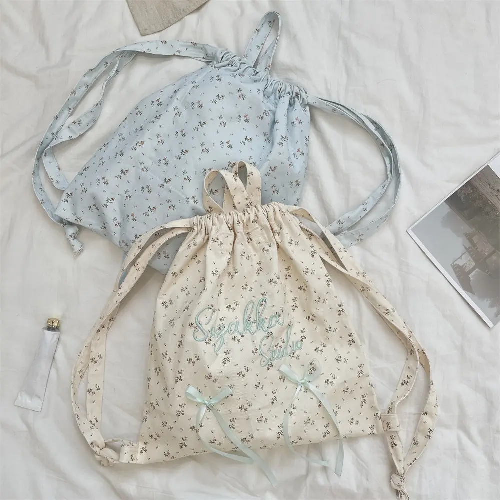 Canvas School Bag Double Shoulder Drawstring Backpack Drawstring Pocket Portable Casual Backpack Women Girl Travel Backpack
