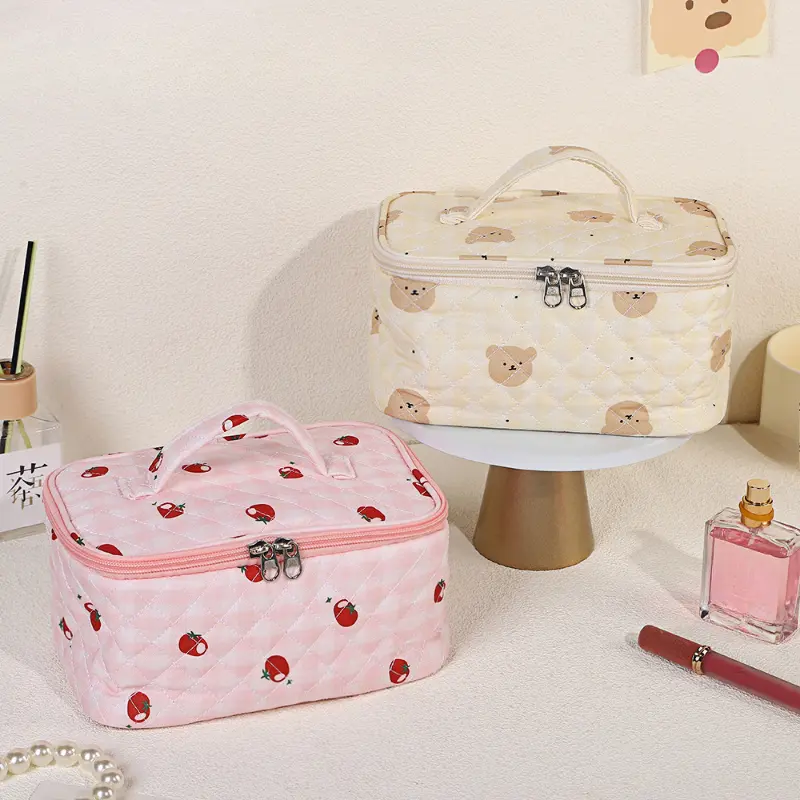 Cartoon Bear Makeup Bag Handbag Large Capacity Cotton Fabric Wash Bag Travel Cosmetic Organizer Portable Makeup Storage Bag