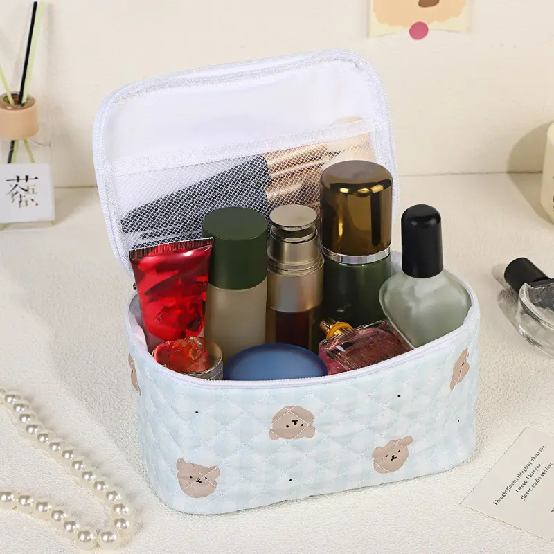 Cartoon Bear Makeup Bag Handbag Large Capacity Cotton Fabric Wash Bag Travel Cosmetic Organizer Portable Makeup Storage Bag