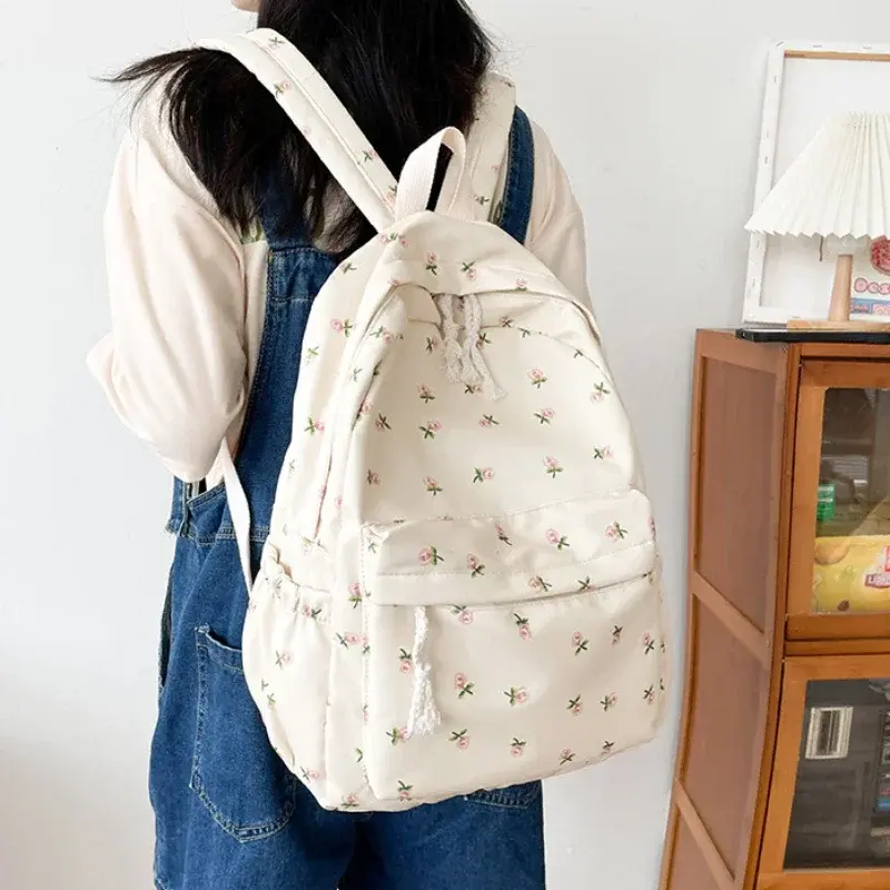 Korean Student School Backpack Floral White School Bags for Teenage Girls Cute Women's Backpack Nylon Large Capacity Book Bag