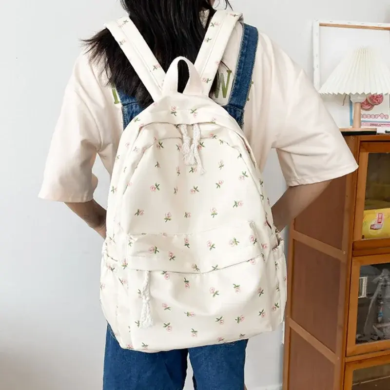 Korean Student School Backpack Floral White School Bags for Teenage Girls Cute Women's Backpack Nylon Large Capacity Book Bag