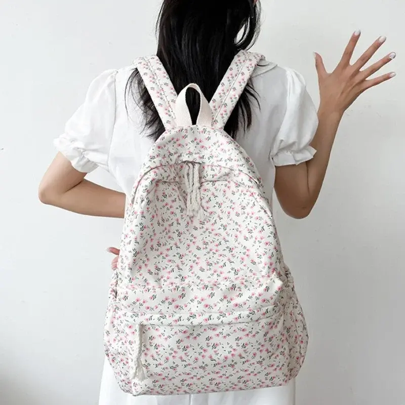 Korean Student School Backpack Floral White School Bags for Teenage Girls Cute Women's Backpack Nylon Large Capacity Book Bag