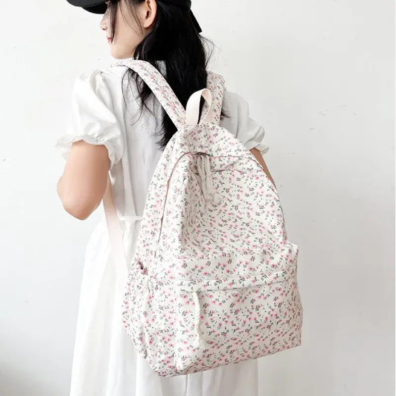Korean Student School Backpack Floral White School Bags for Teenage Girls Cute Women's Backpack Nylon Large Capacity Book Bag
