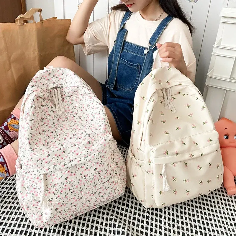 Korean Student School Backpack Floral White School Bags for Teenage Girls Cute Women's Backpack Nylon Large Capacity Book Bag