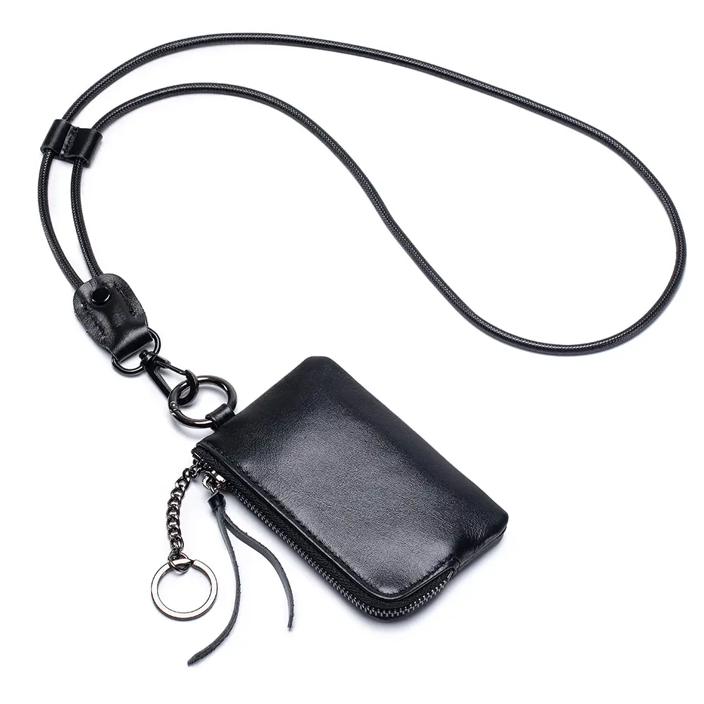 Top Layer Cowhide Coin Purse with Keychain Soft Leather Mini Wallet Portable Storage Bag