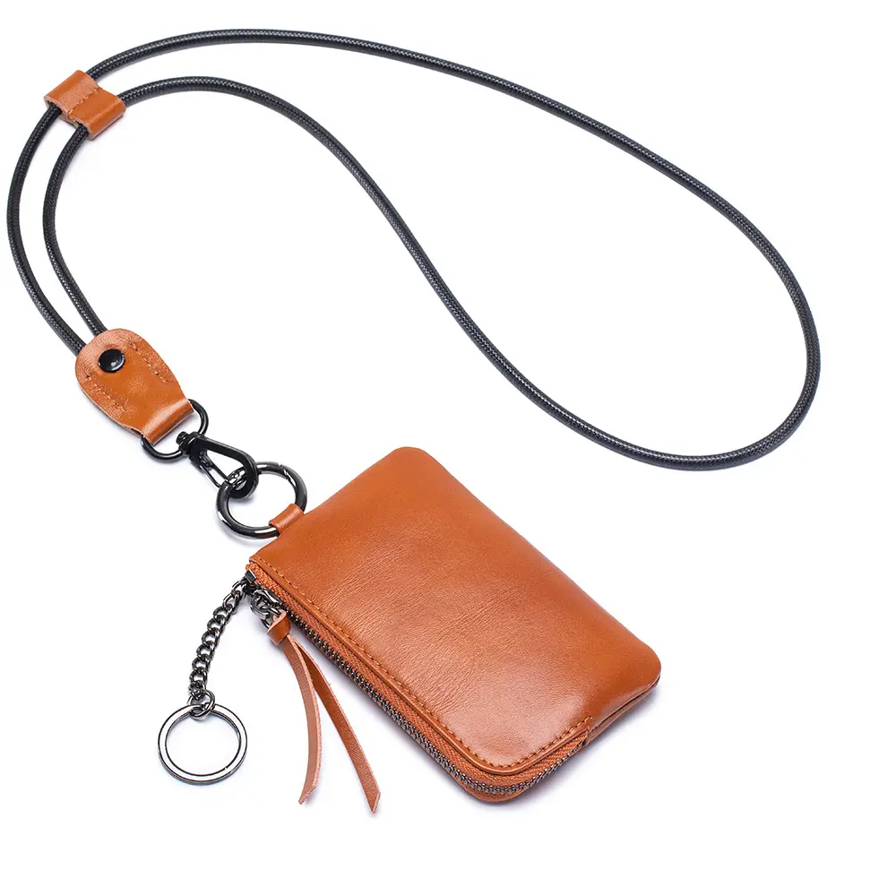 Top Layer Cowhide Coin Purse with Keychain Soft Leather Mini Wallet Portable Storage Bag