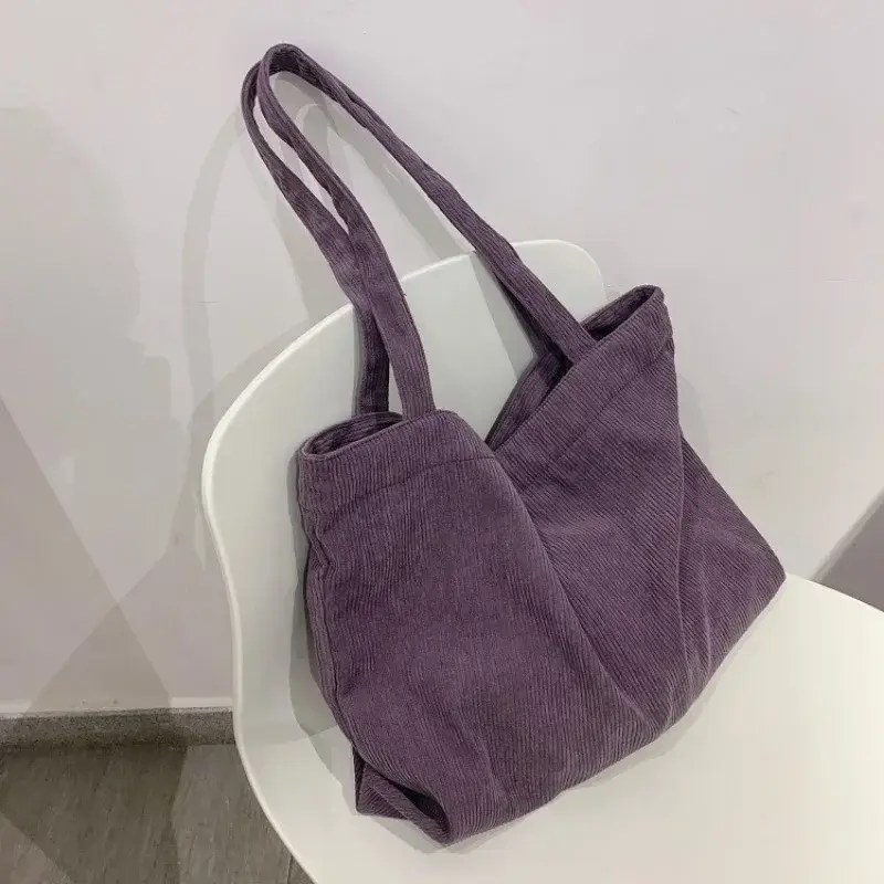 Fashion Corduroy Striped Handbag Simple Style Corduroy Shoulder Bag Shopping Bag Solid Color Large Capacity Women's Tote Bag