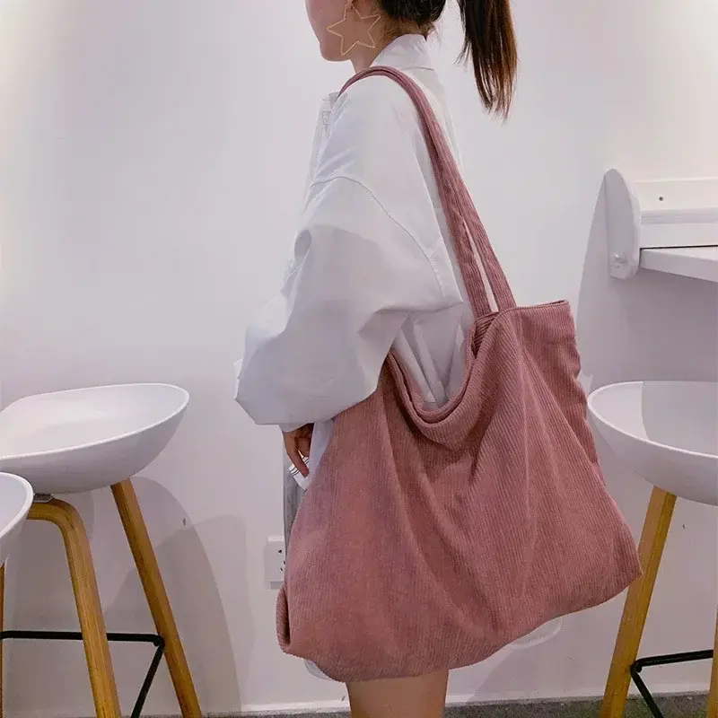 Fashion Corduroy Striped Handbag Simple Style Corduroy Shoulder Bag Shopping Bag Solid Color Large Capacity Women's Tote Bag