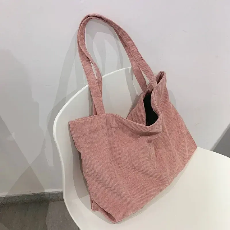 Fashion Corduroy Striped Handbag Simple Style Corduroy Shoulder Bag Shopping Bag Solid Color Large Capacity Women's Tote Bag