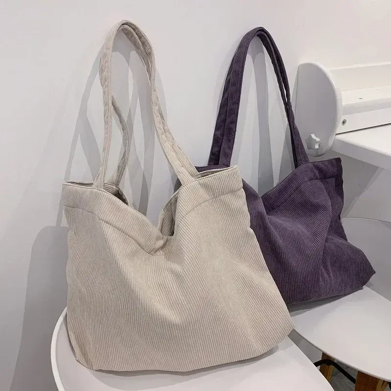 Fashion Corduroy Striped Handbag Simple Style Corduroy Shoulder Bag Shopping Bag Solid Color Large Capacity Women's Tote Bag