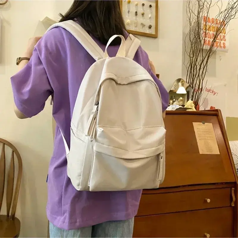 Waterproof Nylon Backpack for Women Simple Solid Color Bookbag Travel Backpack for Student Girls School Bag Female Shoulder Bags
