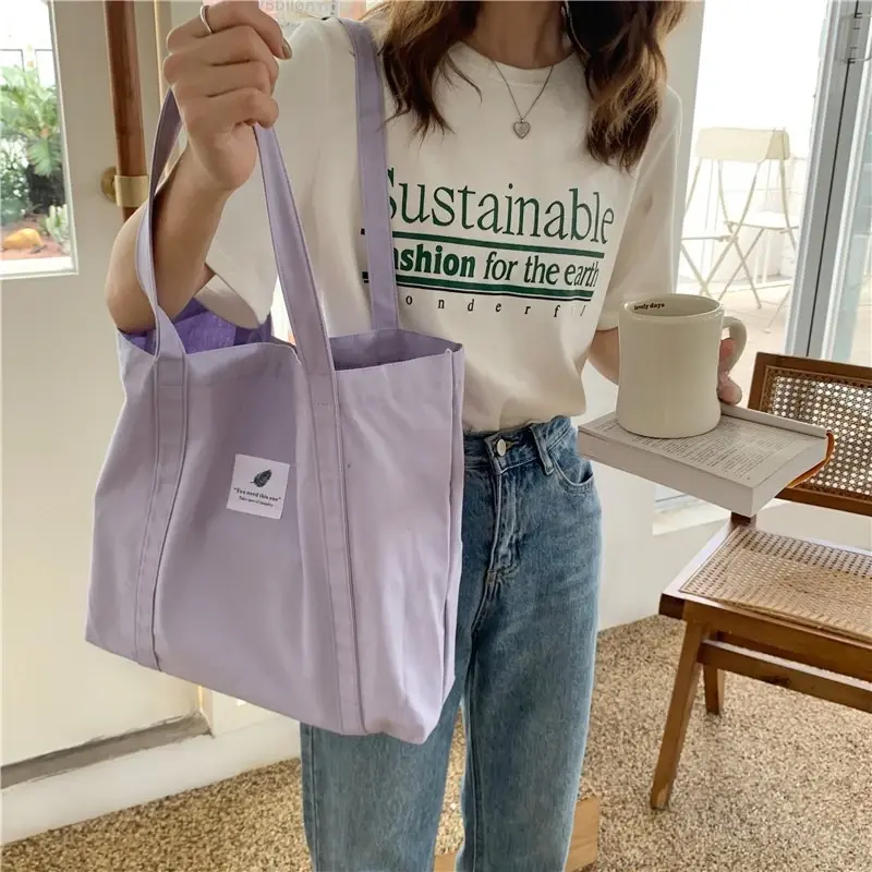 Fashion Women's Soft Cloth Shoulder Bag Solid Color Student Canvas Tote Bags Casual Style Big Handbags Shopping Bag for Women