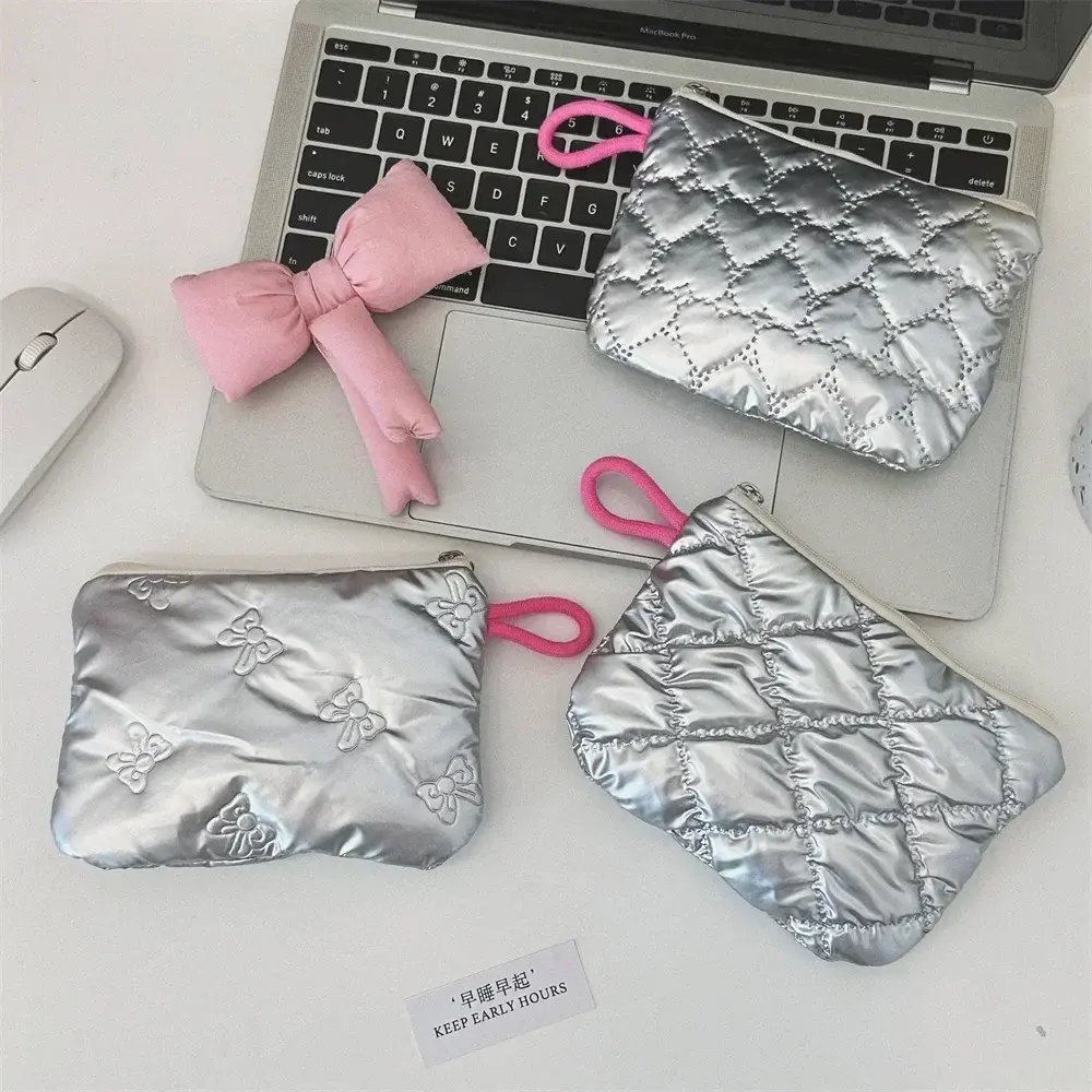 Silver Heart  Bow Pattern Coin Purses Small Canvas Coin Wallet Lady Girls Earphone Coin Key Money Storage Bag Zipper Pouch
