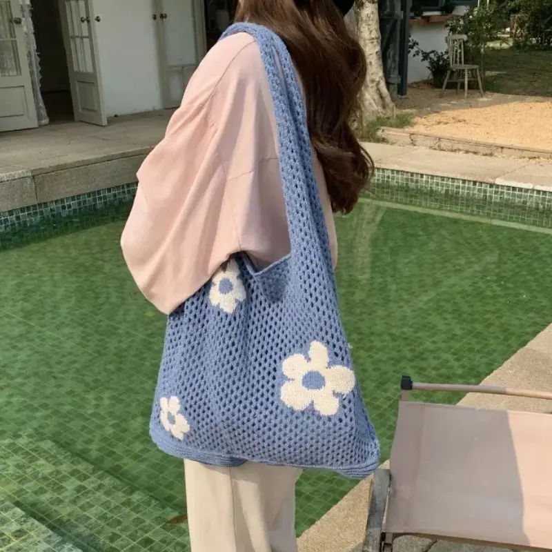 Ladies Retro Shoulder Bag Handbag for Women New Fashion Sweet Flower Mesh Beach Bags Tote Simple Large Capacity Shopping Bag