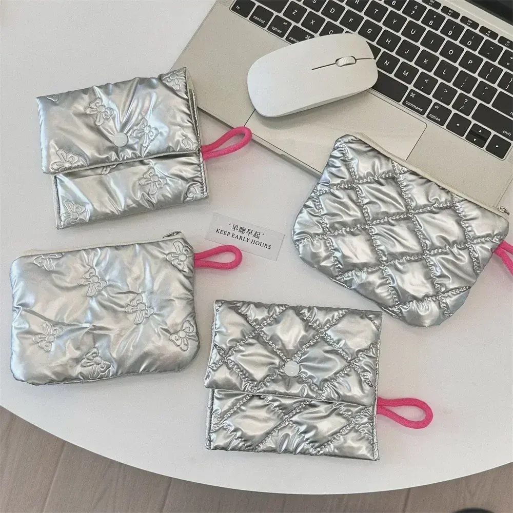 Silver Heart  Bow Pattern Coin Purses Small Canvas Coin Wallet Lady Girls Earphone Coin Key Money Storage Bag Zipper Pouch