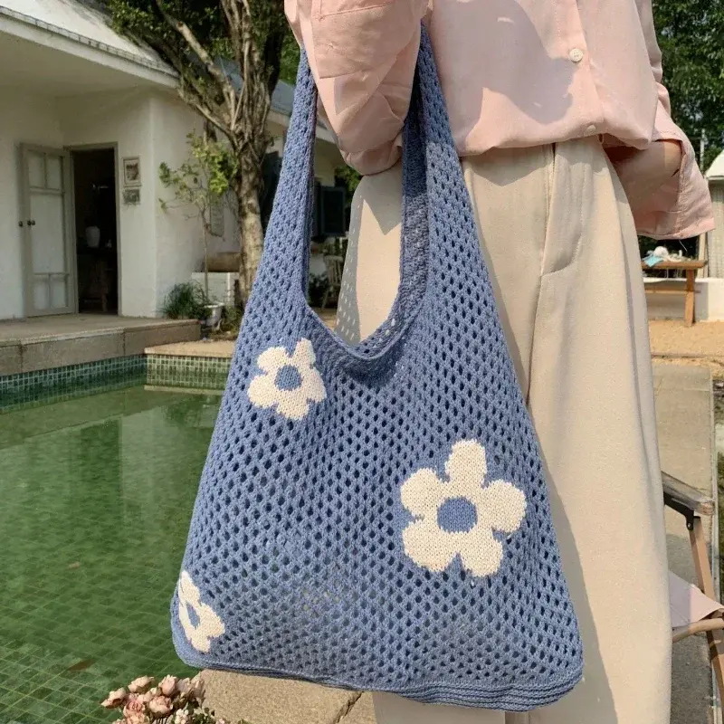 Ladies Retro Shoulder Bag Handbag for Women New Fashion Sweet Flower Mesh Beach Bags Tote Simple Large Capacity Shopping Bag