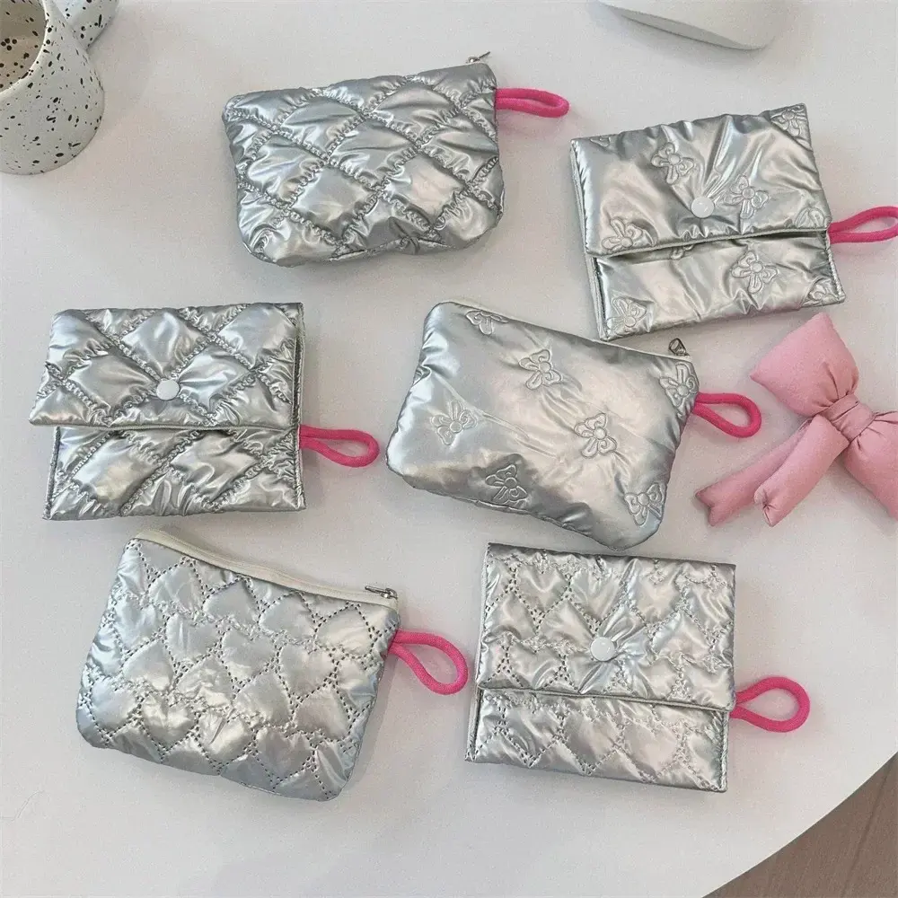 Silver Heart  Bow Pattern Coin Purses Small Canvas Coin Wallet Lady Girls Earphone Coin Key Money Storage Bag Zipper Pouch