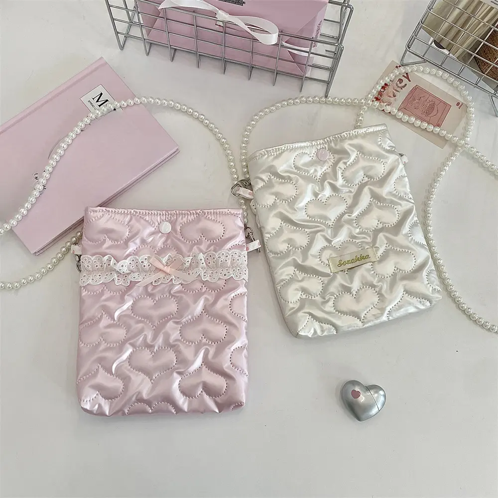 PU Bow Women Single Shoulder Crossbody Small Bag Mobile Phone Bag Pearl Chain Women's Handbags Wallet Portable Mini Makeup Bag