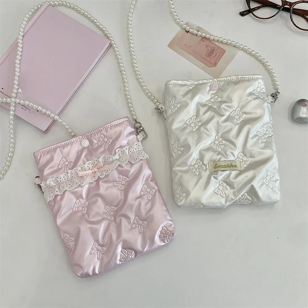 PU Bow Women Single Shoulder Crossbody Small Bag Mobile Phone Bag Pearl Chain Women's Handbags Wallet Portable Mini Makeup Bag