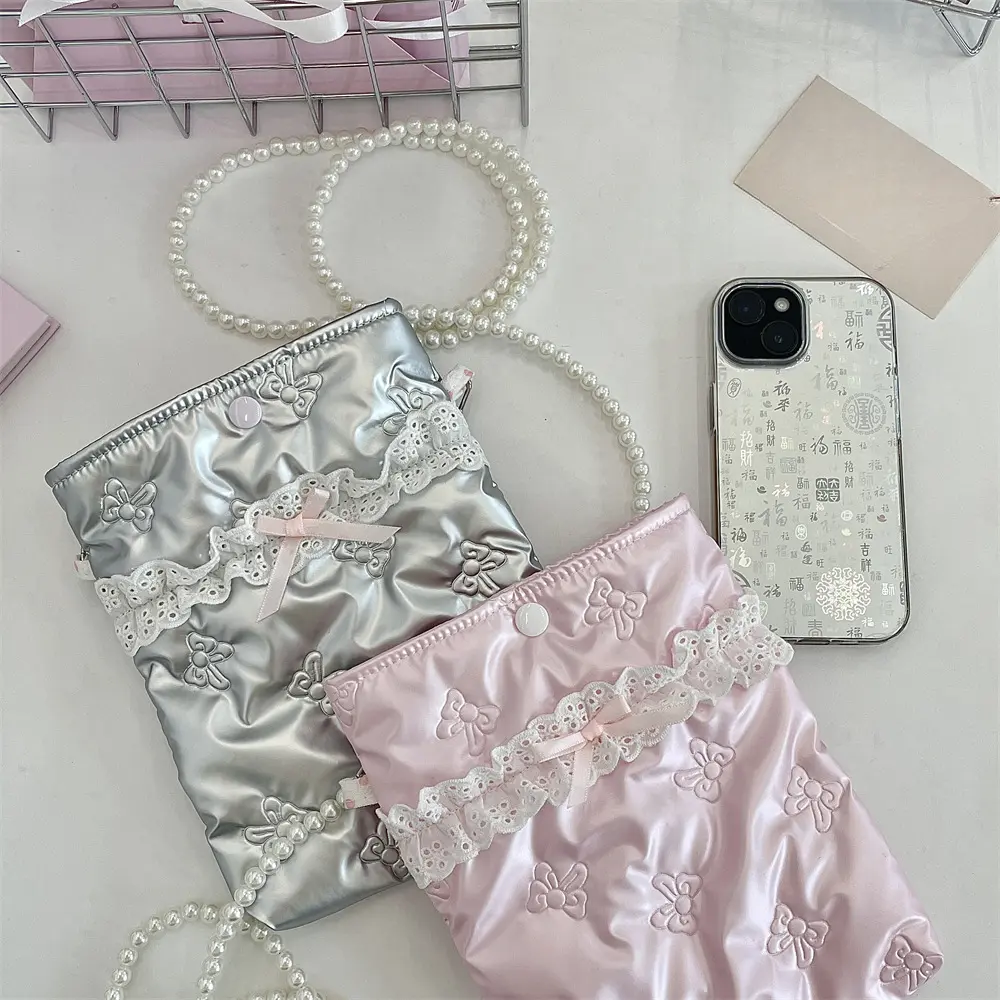 PU Bow Women Single Shoulder Crossbody Small Bag Mobile Phone Bag Pearl Chain Women's Handbags Wallet Portable Mini Makeup Bag