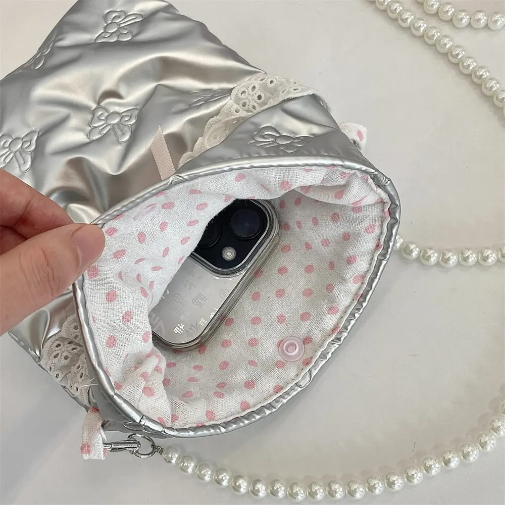 PU Bow Women Single Shoulder Crossbody Small Bag Mobile Phone Bag Pearl Chain Women's Handbags Wallet Portable Mini Makeup Bag
