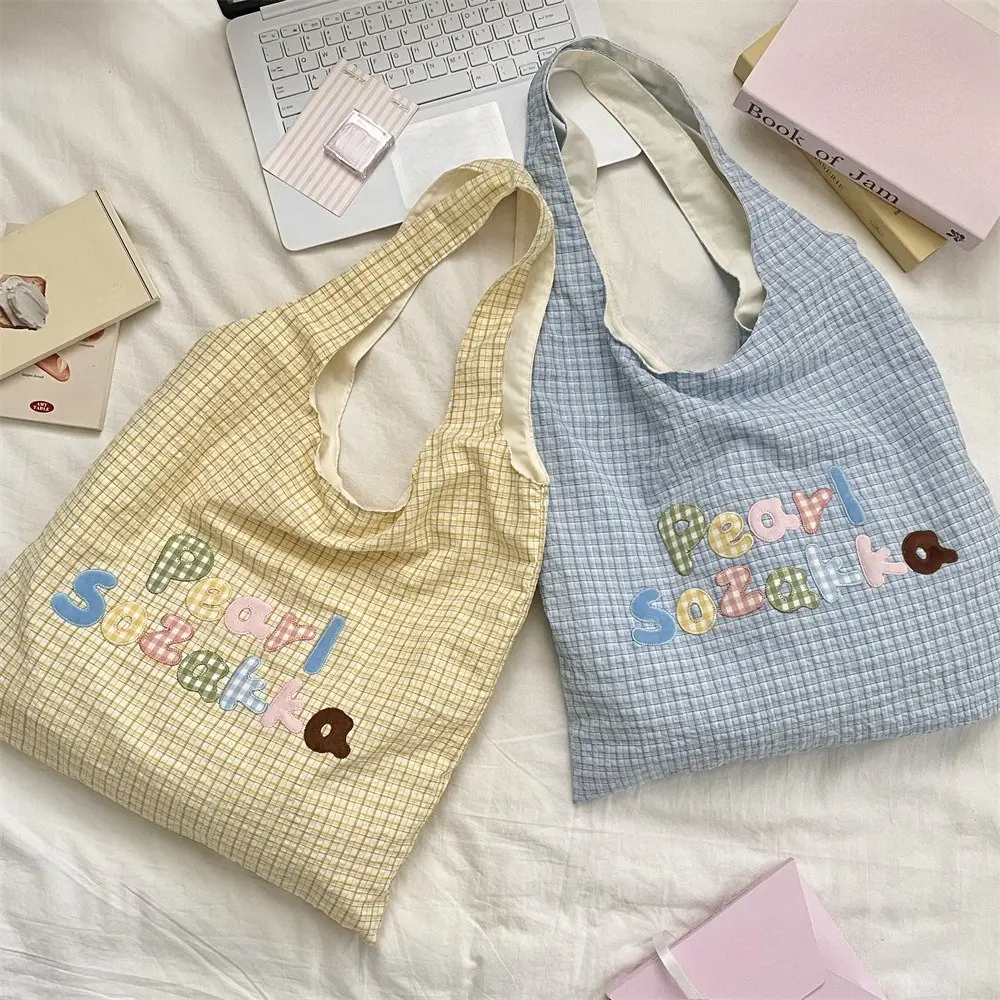 Letters Embroidered Plaid Single Shoulder Bag Women's Tote Bag Casual Large Capacity Handbags for Women Travel Shopping Bag
