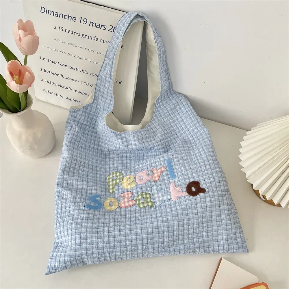 Letters Embroidered Plaid Single Shoulder Bag Women's Tote Bag Casual Large Capacity Handbags for Women Travel Shopping Bag