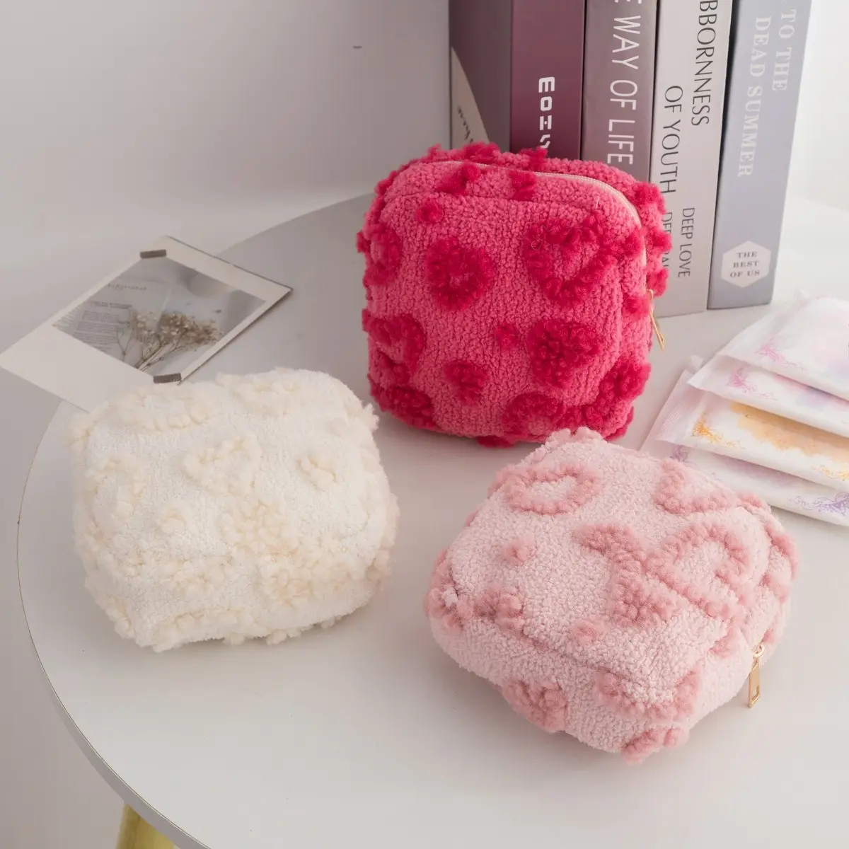 Square Cosmetic Bag Mini Cute Plush Organizer for Women Lipstick Makeup Case Coin Pouch