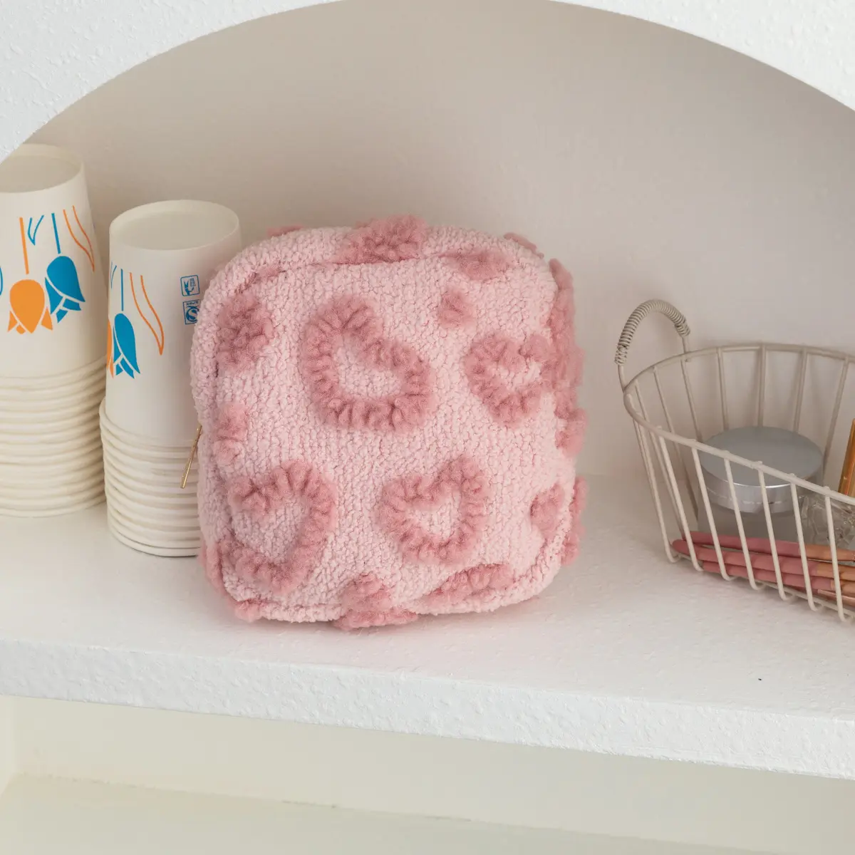 Square Cosmetic Bag Mini Cute Plush Organizer for Women Lipstick Makeup Case Coin Pouch