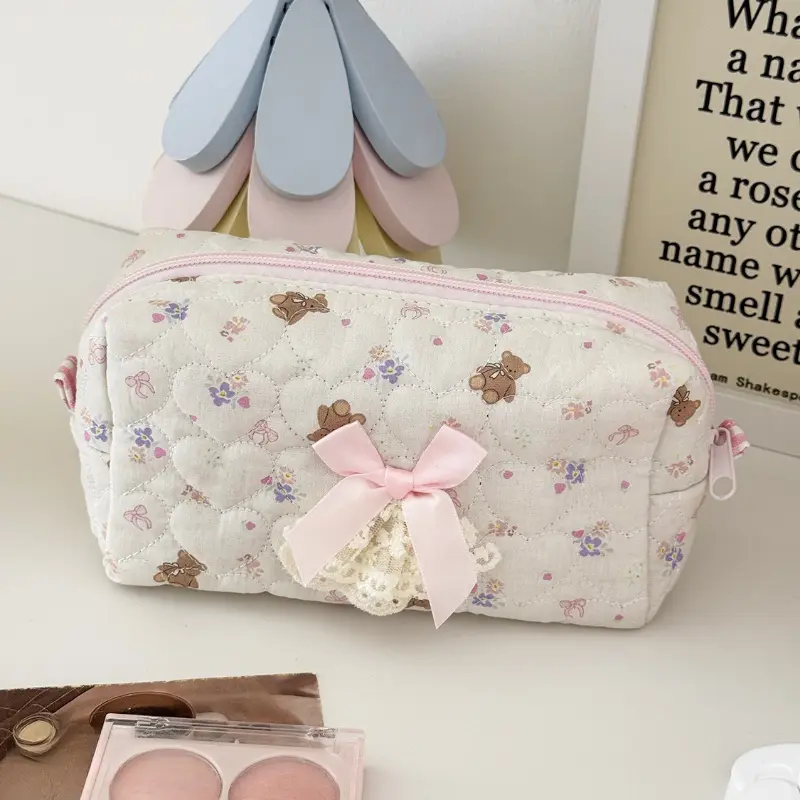 Pink Floral Bow Cosmetic Bag Cute Lace Makeup Pouch Large Capacity Women Cosmetic Organizer Storage Bags
