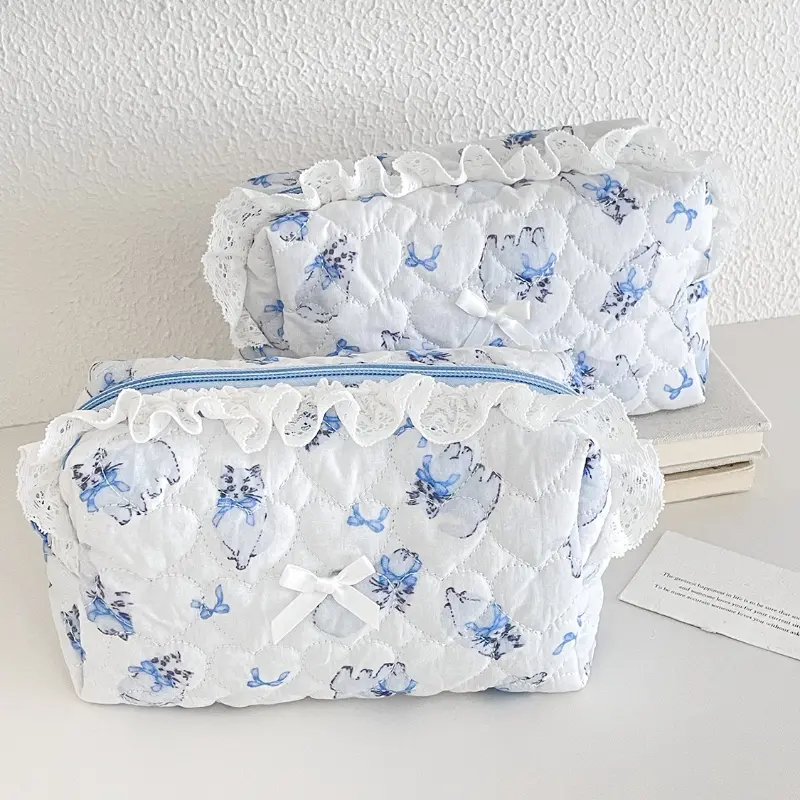 Pink Floral Bow Cosmetic Bag Cute Lace Makeup Pouch Large Capacity Women Cosmetic Organizer Storage Bags