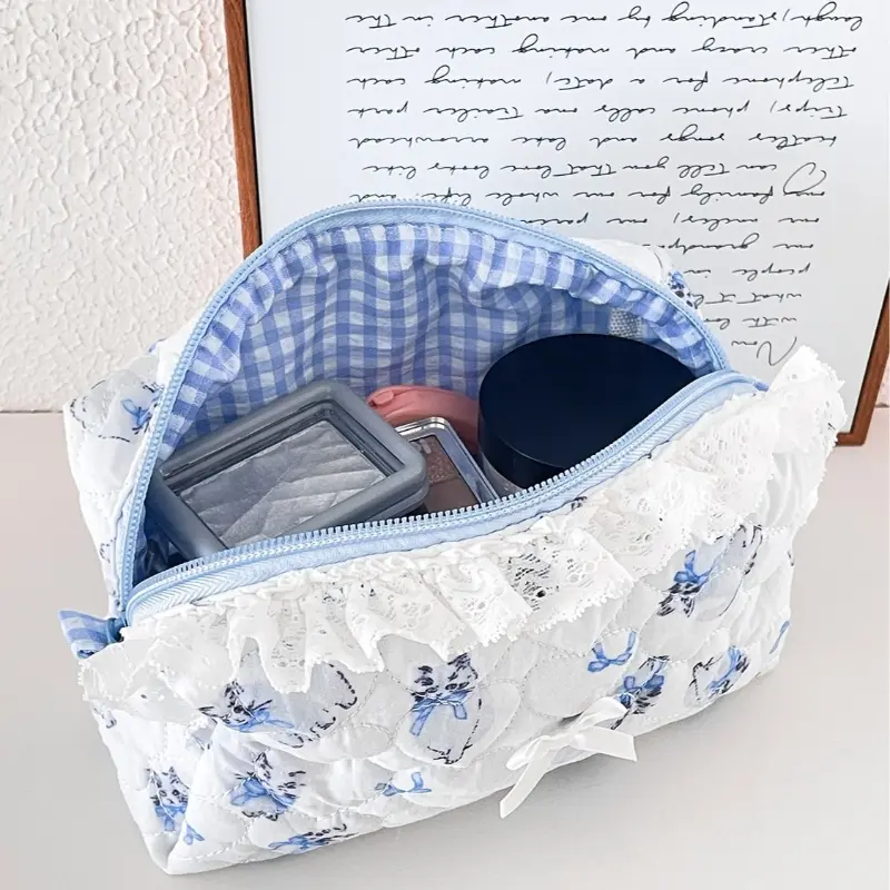 Pink Floral Bow Cosmetic Bag Cute Lace Makeup Pouch Large Capacity Women Cosmetic Organizer Storage Bags