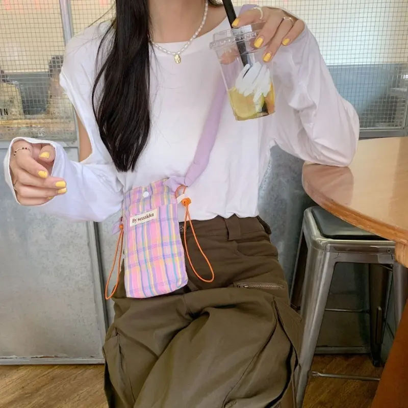 Korean Plaid Crossbody Bags for Women Small Shoulder Bag Phone Pouch Key Earphone Data Cable Bag