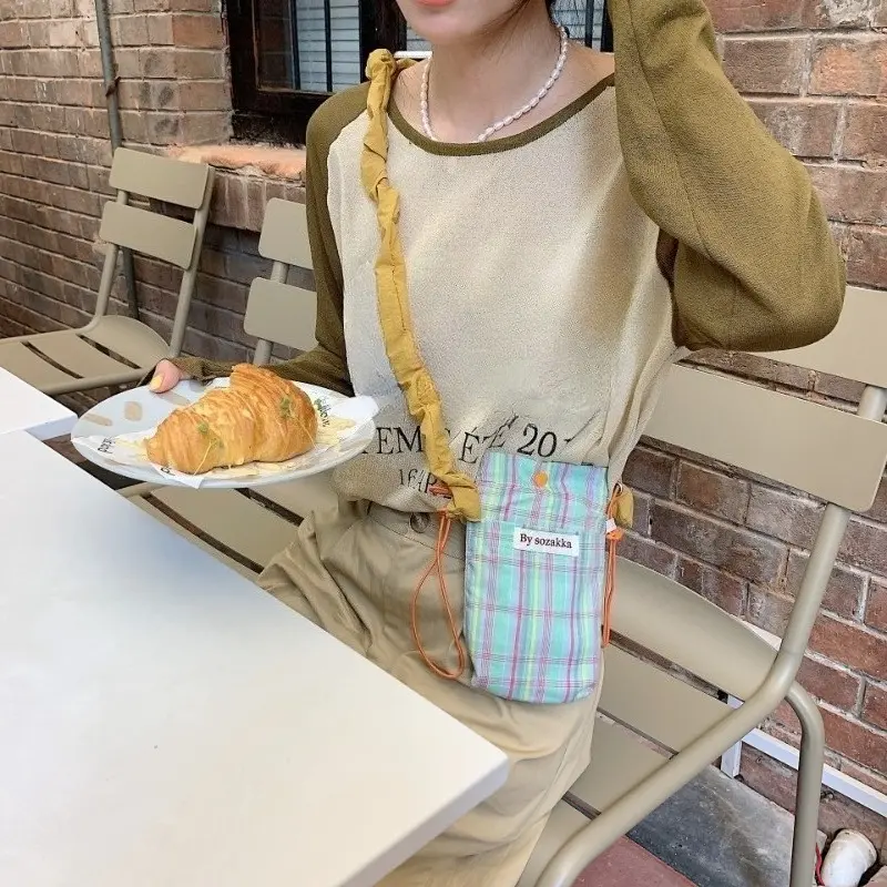 Korean Plaid Crossbody Bags for Women Small Shoulder Bag Phone Pouch Key Earphone Data Cable Bag