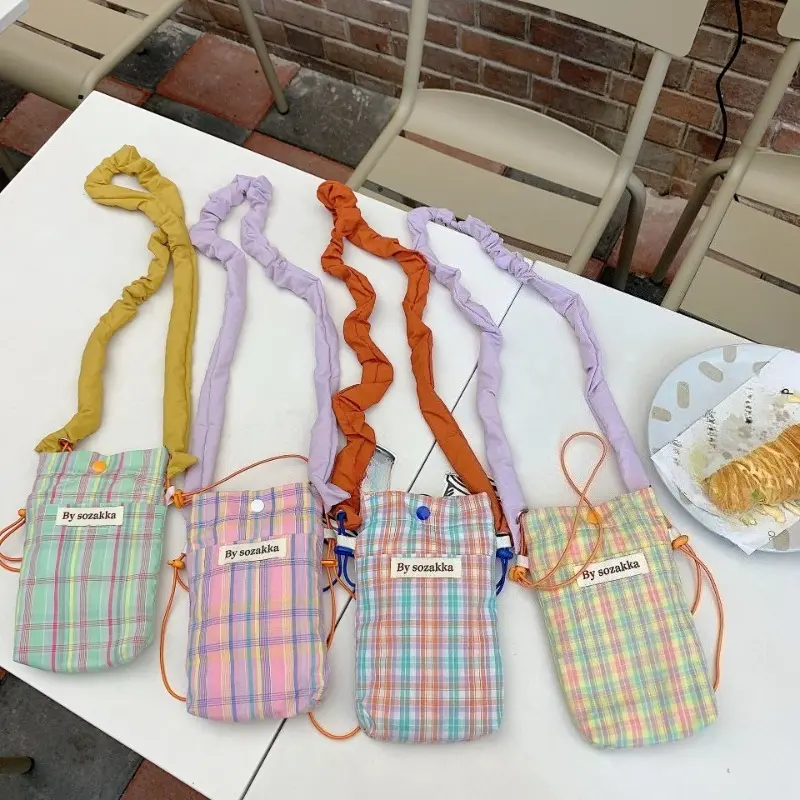 Korean Plaid Crossbody Bags for Women Small Shoulder Bag Phone Pouch Key Earphone Data Cable Bag