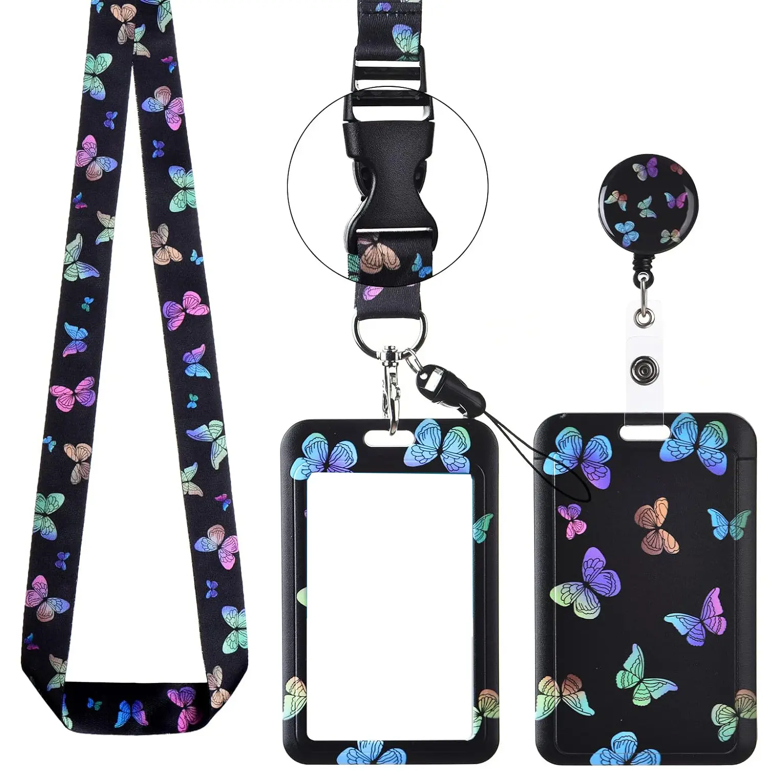 Black ID Working Card Cover Case with Retractable Badge Reel Lanyard ID Name Badge Holder Chest Tag Work Pass Card Sleeve