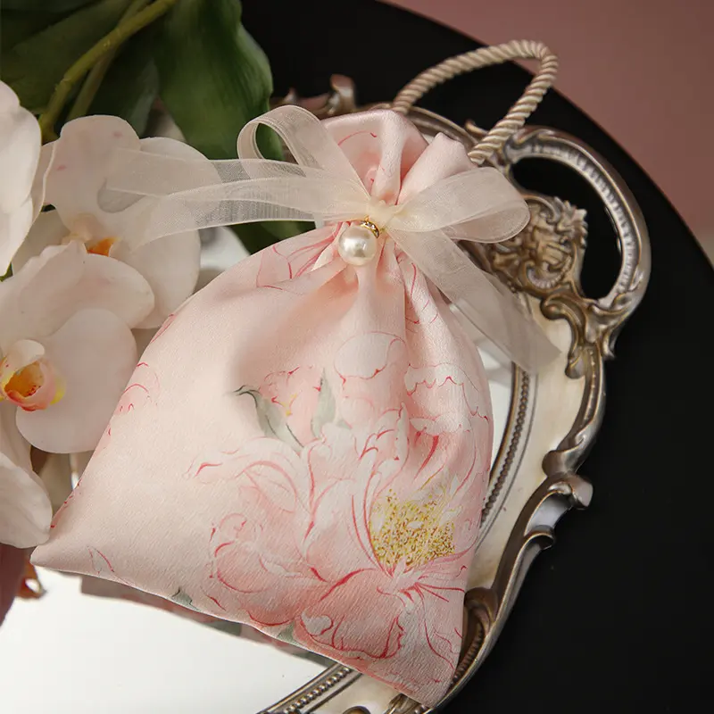 Beautiful Bow Flower Drawstring Gift Tote Bag Pouch Ladies Wedding Holiday Party Candy Jewelry Lipstick Gift Organizer Handbag