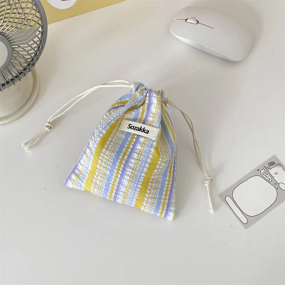 Cute Striped Drawstring Bag Travel Cosmetic Organizer for Lipstick Key Card Coin Purse