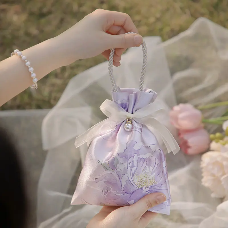 Beautiful Bow Flower Drawstring Gift Tote Bag Pouch Ladies Wedding Holiday Party Candy Jewelry Lipstick Gift Organizer Handbag
