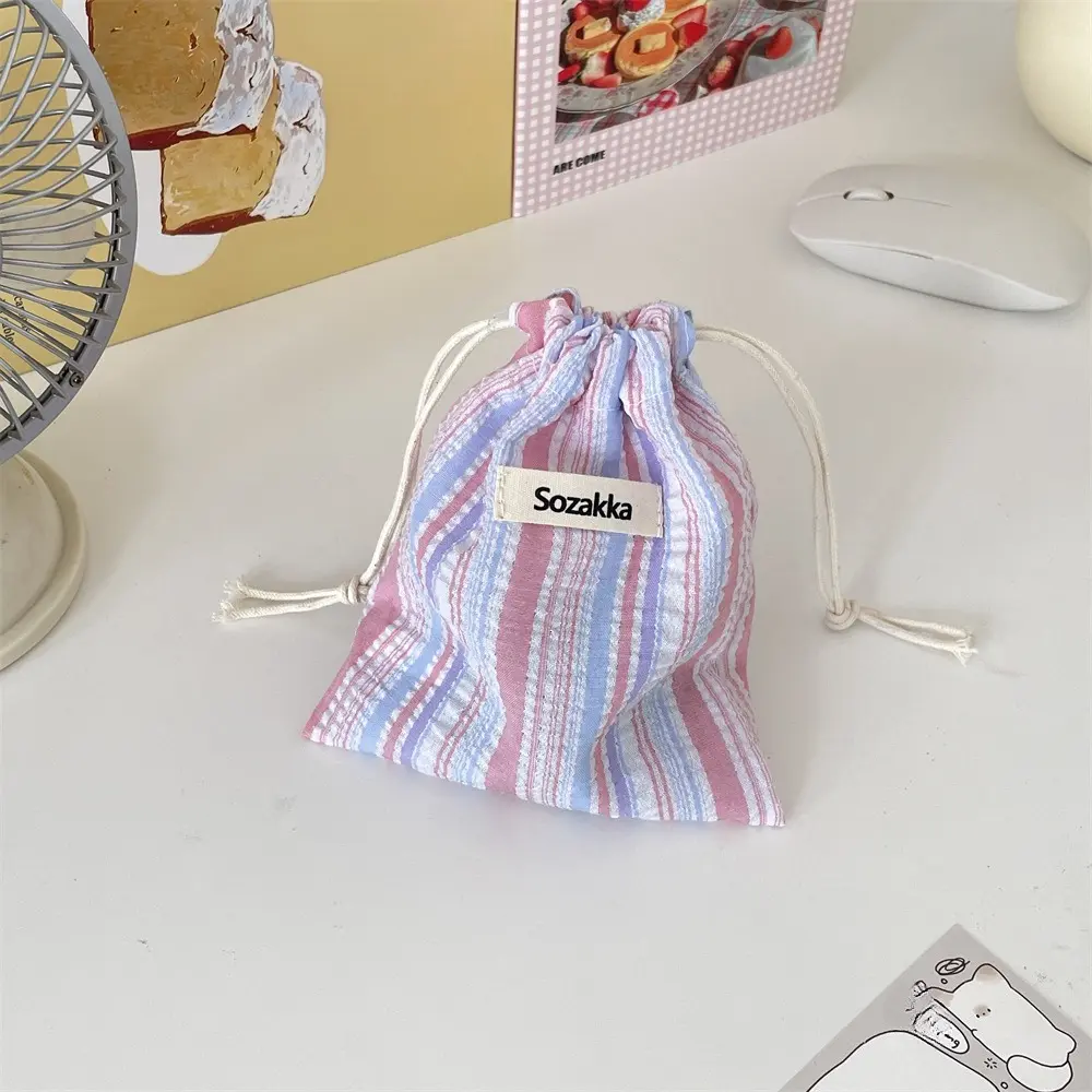 Cute Striped Drawstring Bag Travel Cosmetic Organizer for Lipstick Key Card Coin Purse